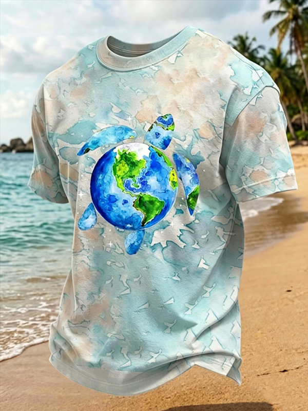 Men's Fun Tie-Dye Turtle Globe Art Print Vacation Style T-Shirt