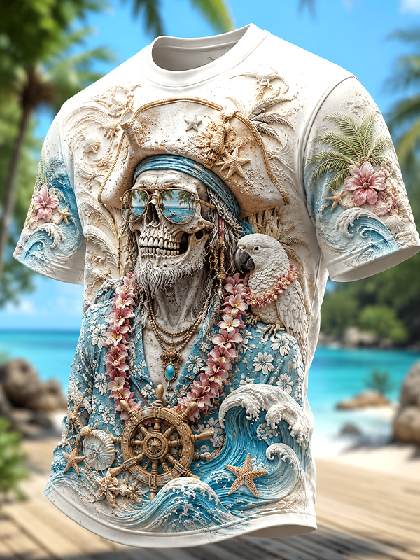 Men's The Pirate Captain Skeleton And The Parrot On Vacation Art Print T-Shirt