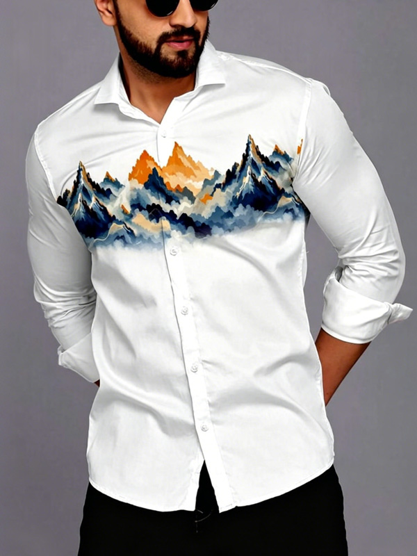 Men's Watercolor Mountain Art Print Long Sleeve Shirt