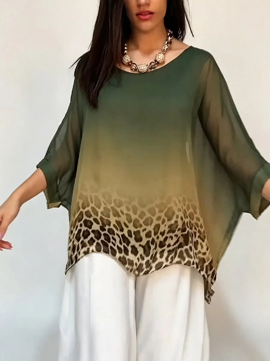 Women's Gradient Printed Crew Neck 3/4 Batwing Sleeve Casual Loose Chiffon Top