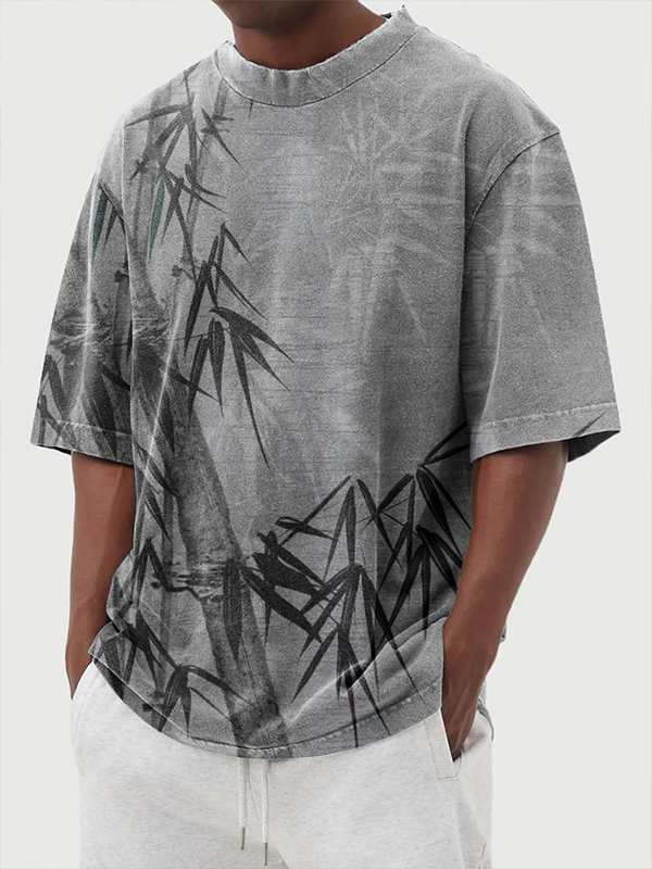 Men's Bamboo Ink Art Print Drop Shoulder Casual T-Shirt