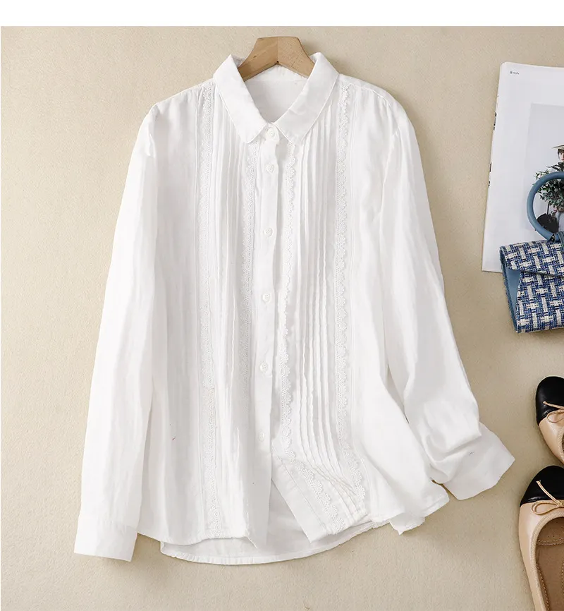 Women's Patchwork Lace Trim Linen And Cotton Pleated Shirt