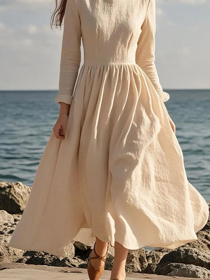 Women's Casual Solid Color Square Neck Long Sleeve Shirred Dress
