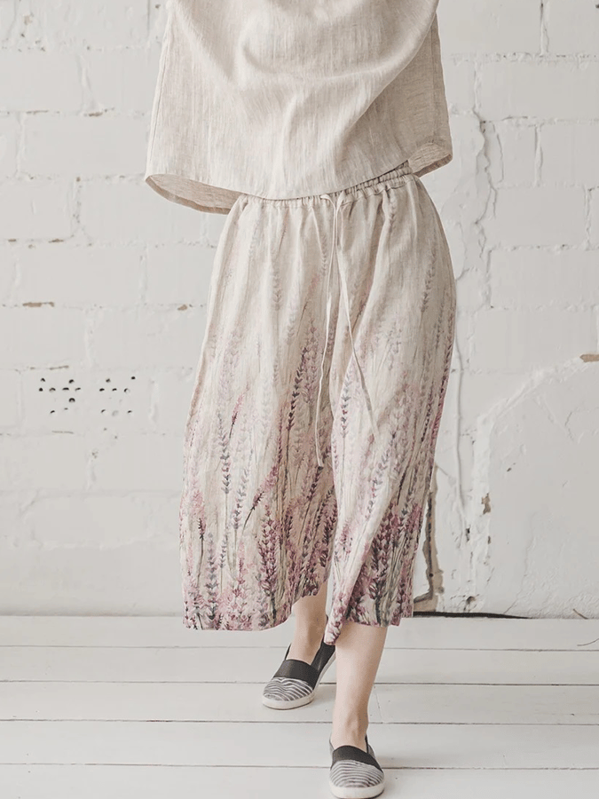 Women's Lavender Print Linen Wide Leg Pants