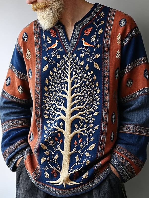 Men's Tree of Life and Bird Print V Neck Long Sleeve T-Shirt