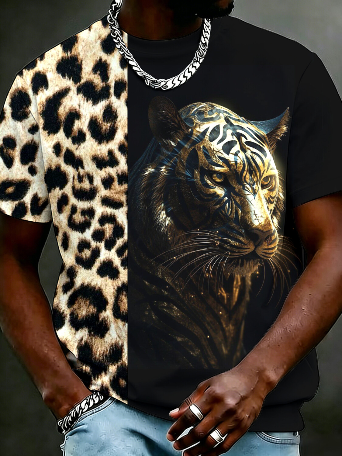 Men's Leopard Golden Tiger Colorblock Art Print T-Shirt