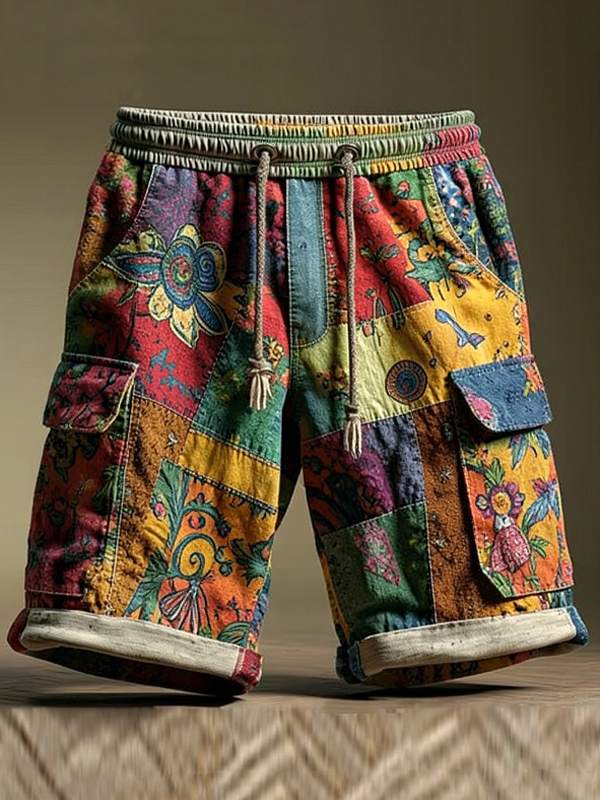Men's Colorful Hippie Abstract Art Print Drawstring Waist Denim-Like Casual Shorts