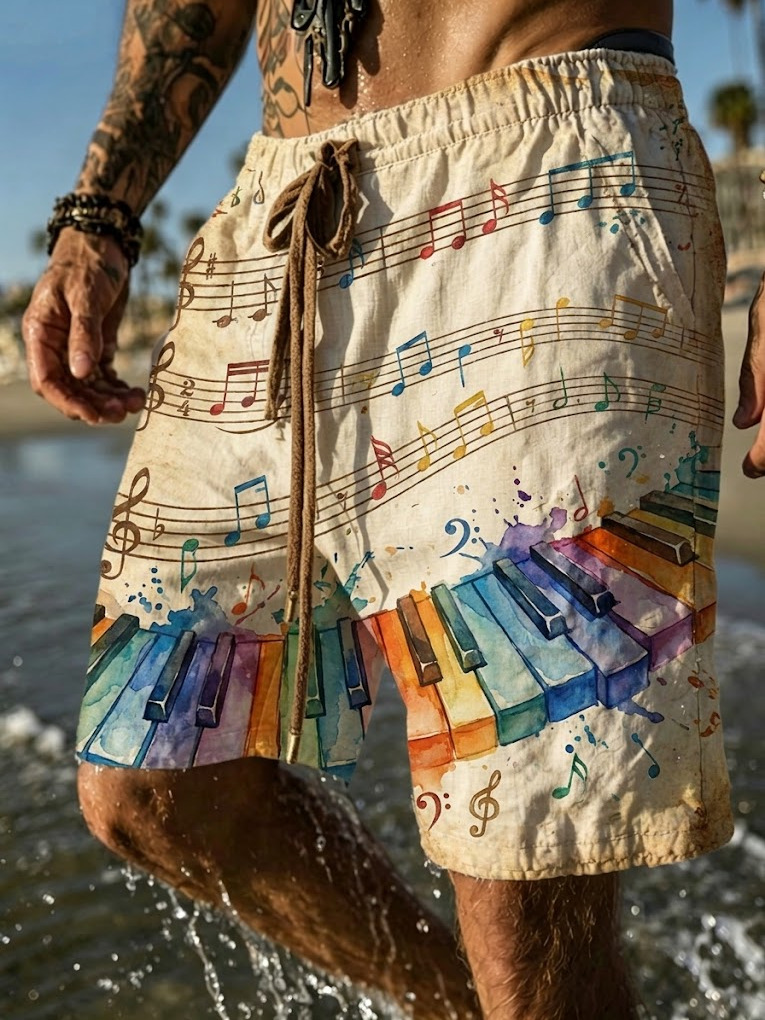 Men's Retro Musical Rainbow Notes Art Print Casual Shorts