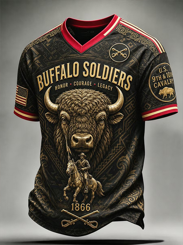 Men's Buffalo Soldiers Print Casual V Neck T-Shirt
