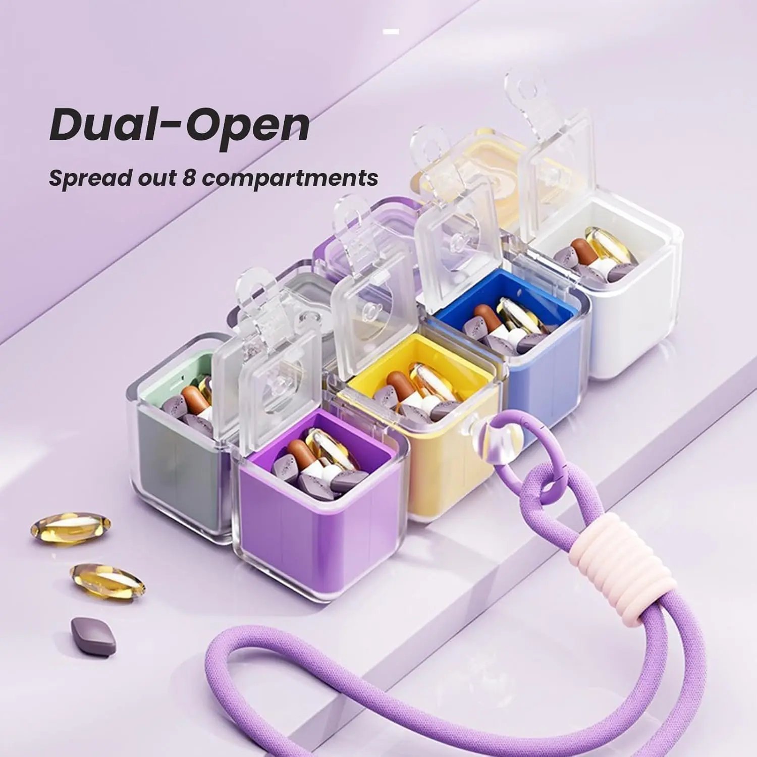 Magnetic Cube Pill Organiser – 8-Grid Travel Case with Lanyard & Washable Compartments