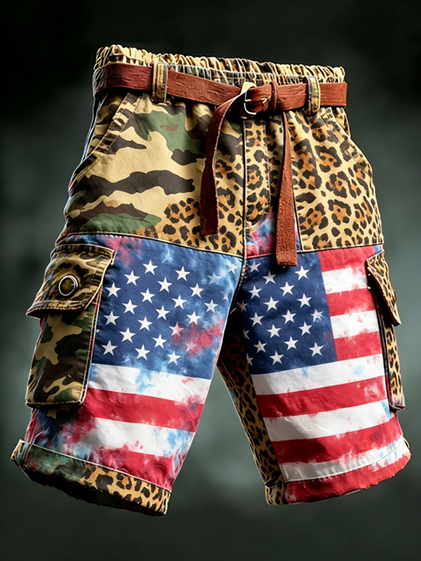 Men's Camo Leopard American Flag Print Cargo Shorts