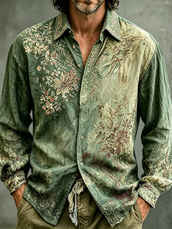 Men's Vintage Floral Print Long Sleeve Shirt