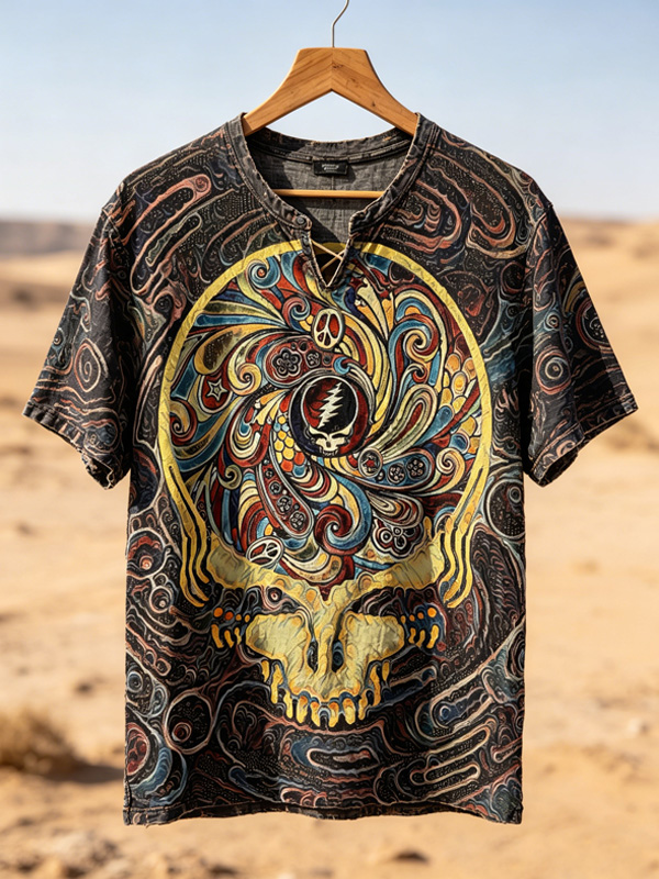 Men's Psychedelic Swirl Skull Vintage Art Print V Neck T-Shirt