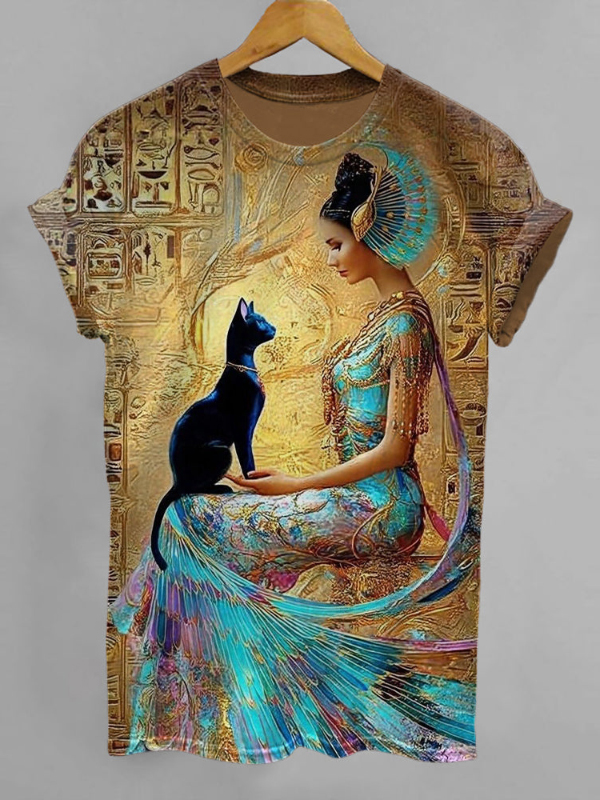 Women's Ancient Egyptian Cleopatra And Black Cat Art Print Casual T-Shirt