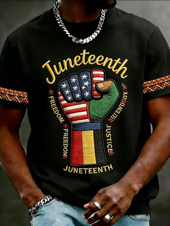 Men's Juneteenth Freedom Justice Black Fist Print Casual T-Shirt