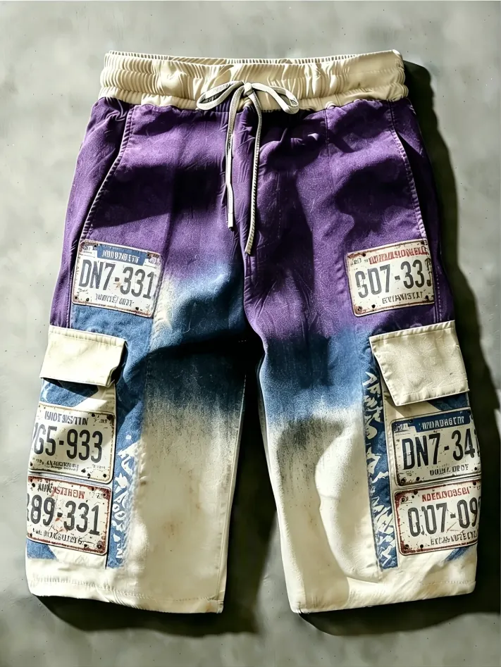 Men's Vintage Car Tag Gradient Print Drawstring Cargo Shorts