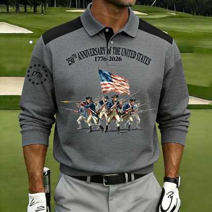 Men's 250th Anniversary US Revolutionary Soldier Polo Shirt | Patriotic Short Sleeve Golf Tee