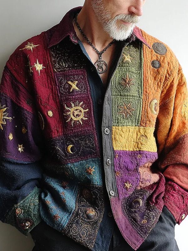 Men's Hippie Art Sun And Moon Colorblock Print Long Sleeve Shirt