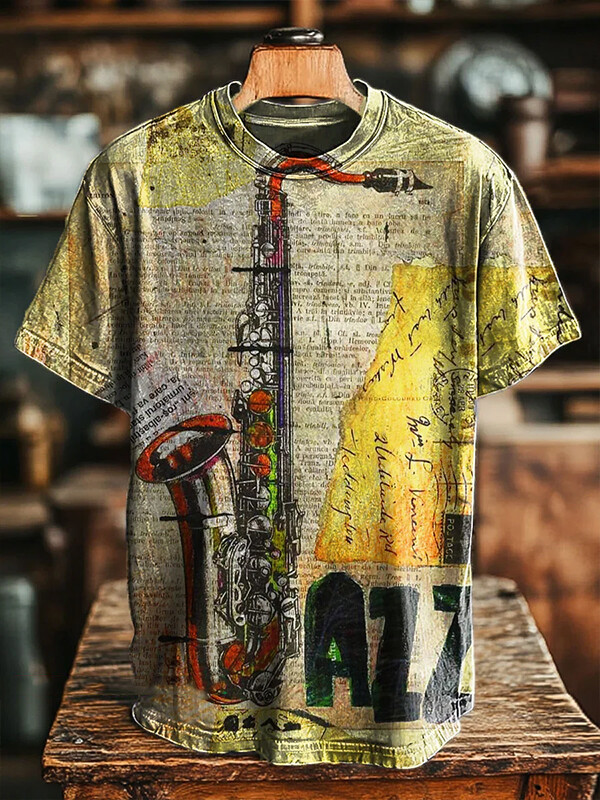 Men's Retro Saxophone Jazz Print Casual T-Shirt