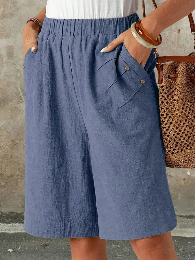 Women's Solid Color Buttoned Loose Casual Shorts (With Pockets)