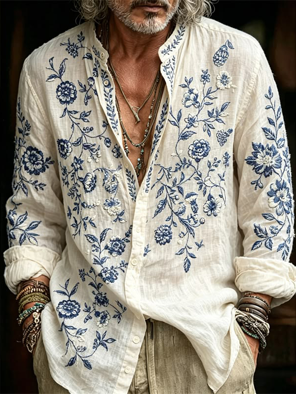 Men's Boho Blue Floral Art Print Long Sleeve Shirt