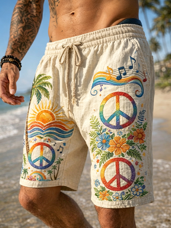 Men's Resort Style Hippie Peace Notes And Flowers Art Print Casual Shorts