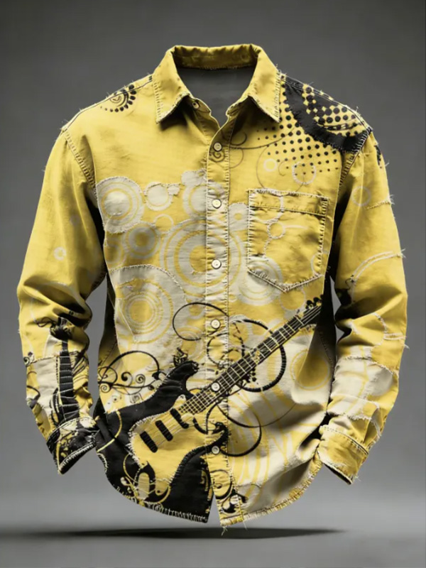 Men's Retro Guitar Polka Dot Pop Art Print Long Sleeve Shirt