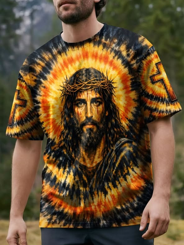 Men's Crucifix Jesus Tie Dye Print Casual T-Shirt