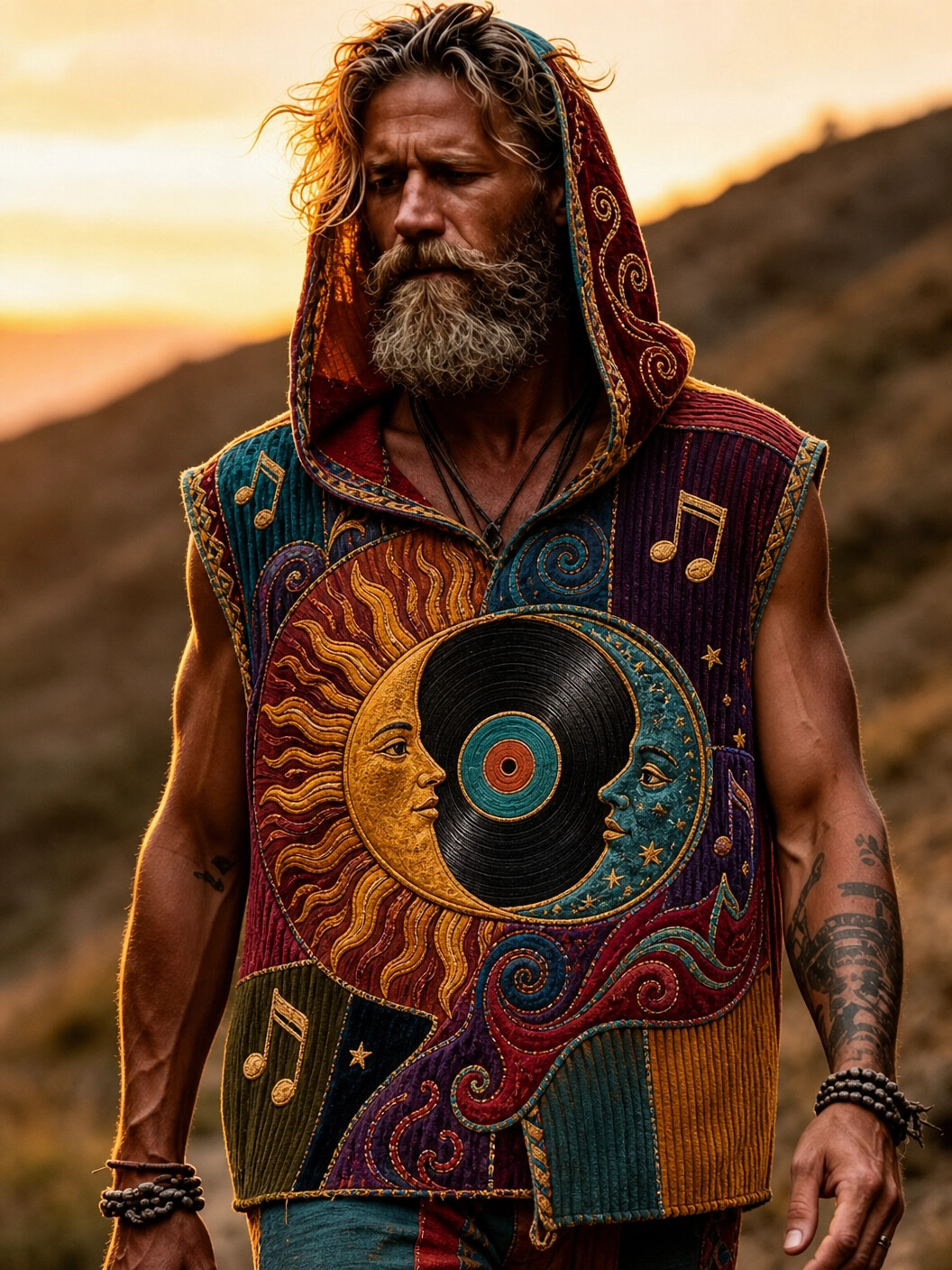 Men's Mysterious Sun and Moon Color Block Print Hooded Tank Top