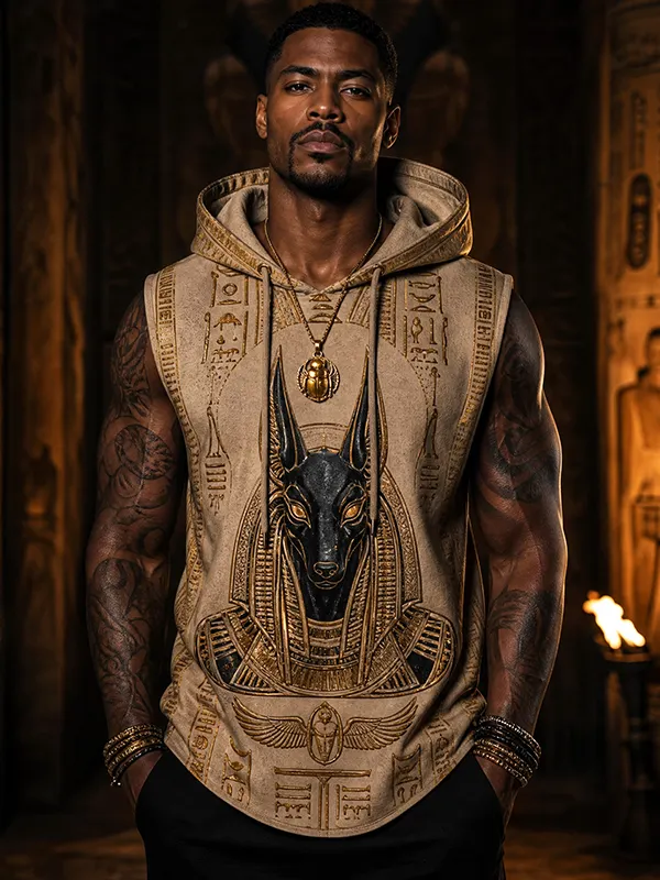 Men's Vintage Khaki Anubis Egyptian Hieroglyph Print Hooded Tank Top