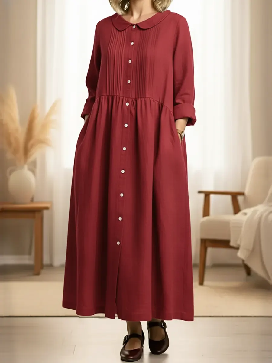 Women's Peter Pan Collar Long-sleeved Cotton And Linen Dress