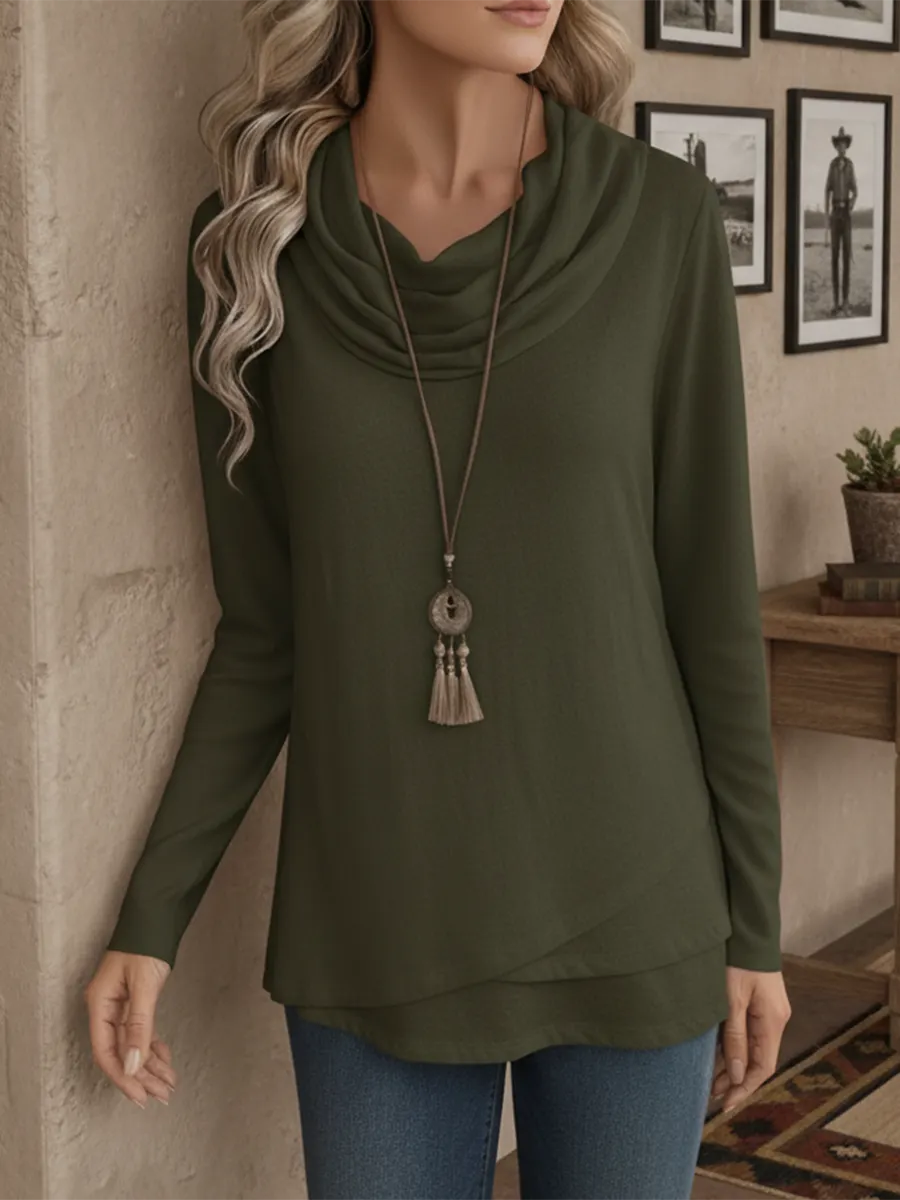 Women's Soft Solid Color Pile Neck Cotton Top