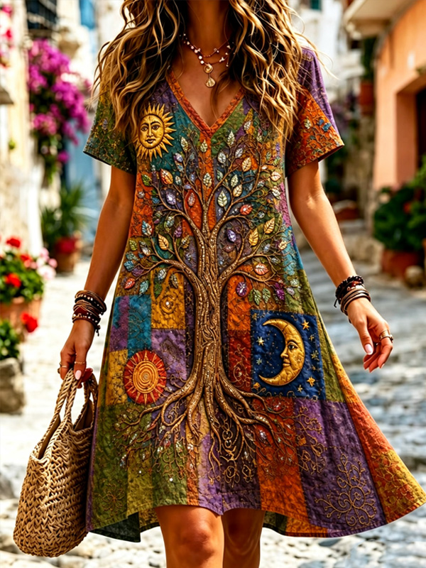 Women's Boho Patchwork Tree Of Life Sun Moon Print Short Sleeve V Neck Dress