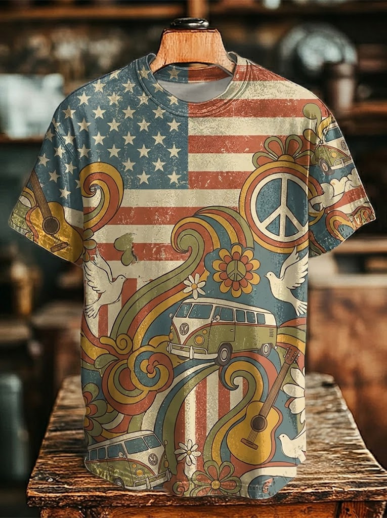 Men's Hippie Bus Guitar Flower Stars and Stripes Print Casual T-Shirt