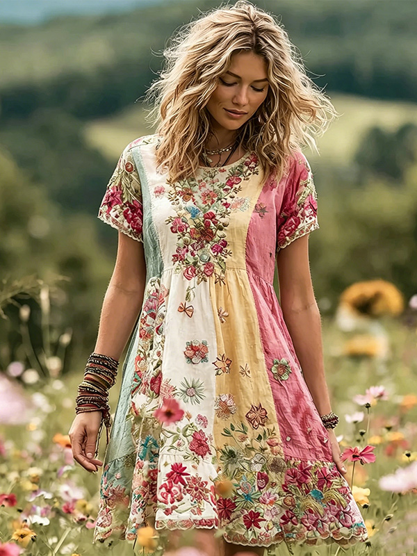Women's Boho Color-Block All-Over Floral Print Mini Dress