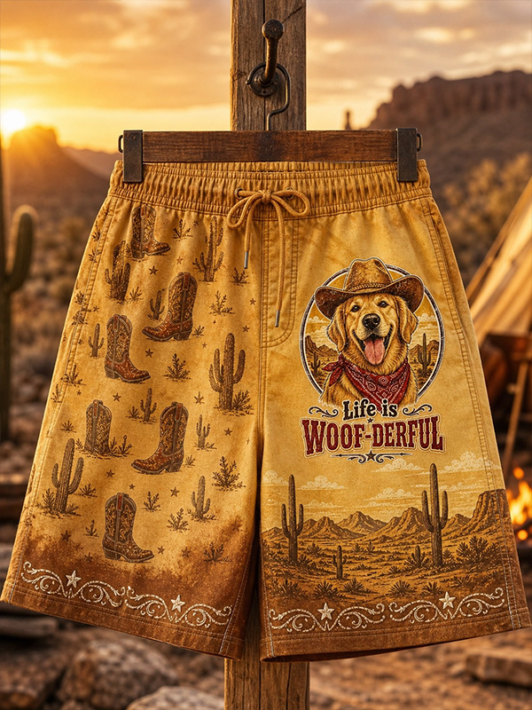 Men's Western Style Cactus Boots Golden Retriever Life Is Woof-Derful  Print Casual Shorts