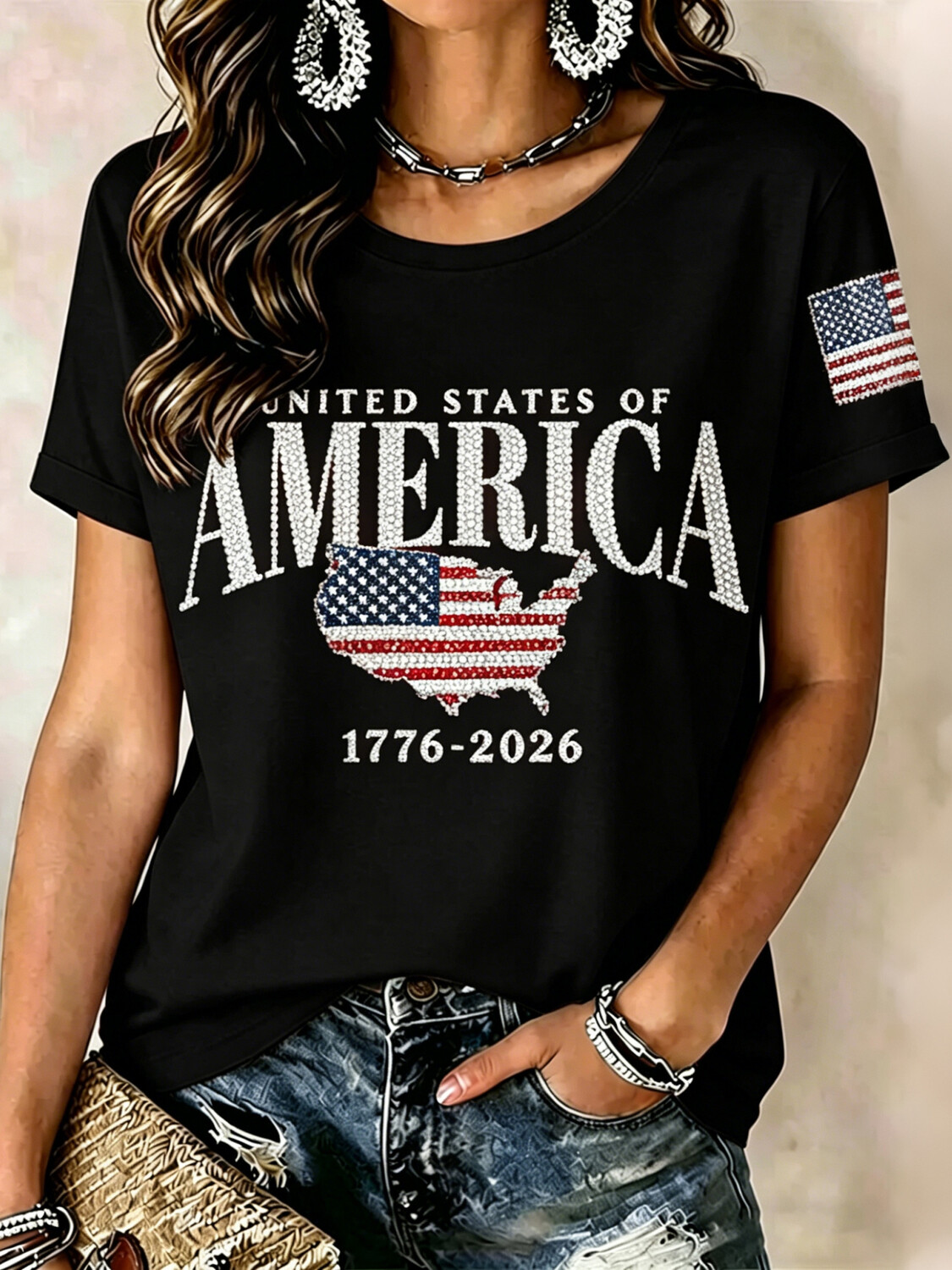 Women's United States of America Rhinestone Print Cotton Casual T-Shirt