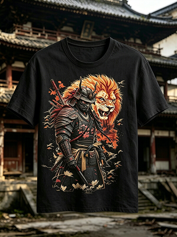 Men's Japanese Samurai Warrior With Lion Print Cotton Casual T-Shirt