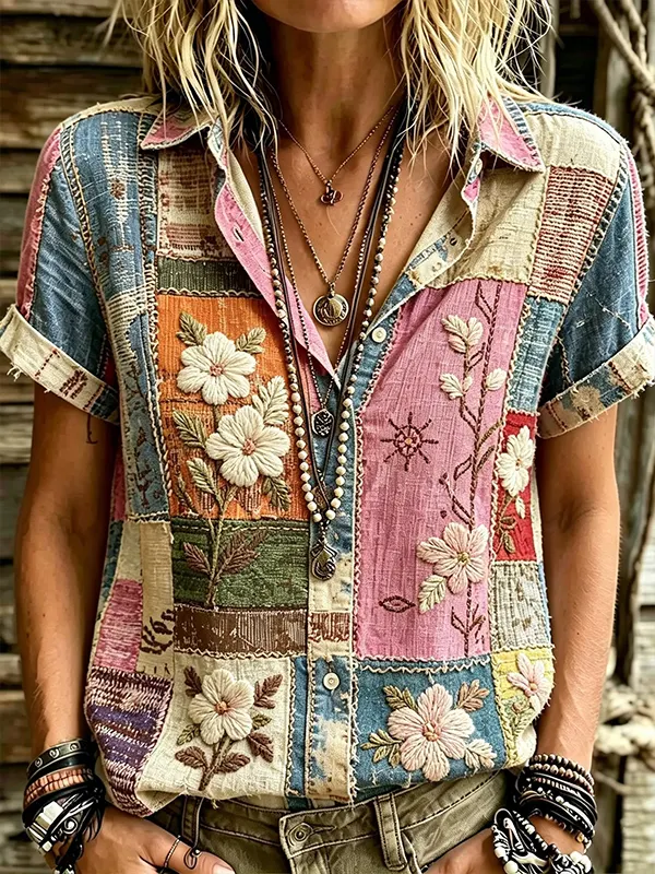 Women's Multicolor Patchwork Floral Print Short Sleeve Shirt