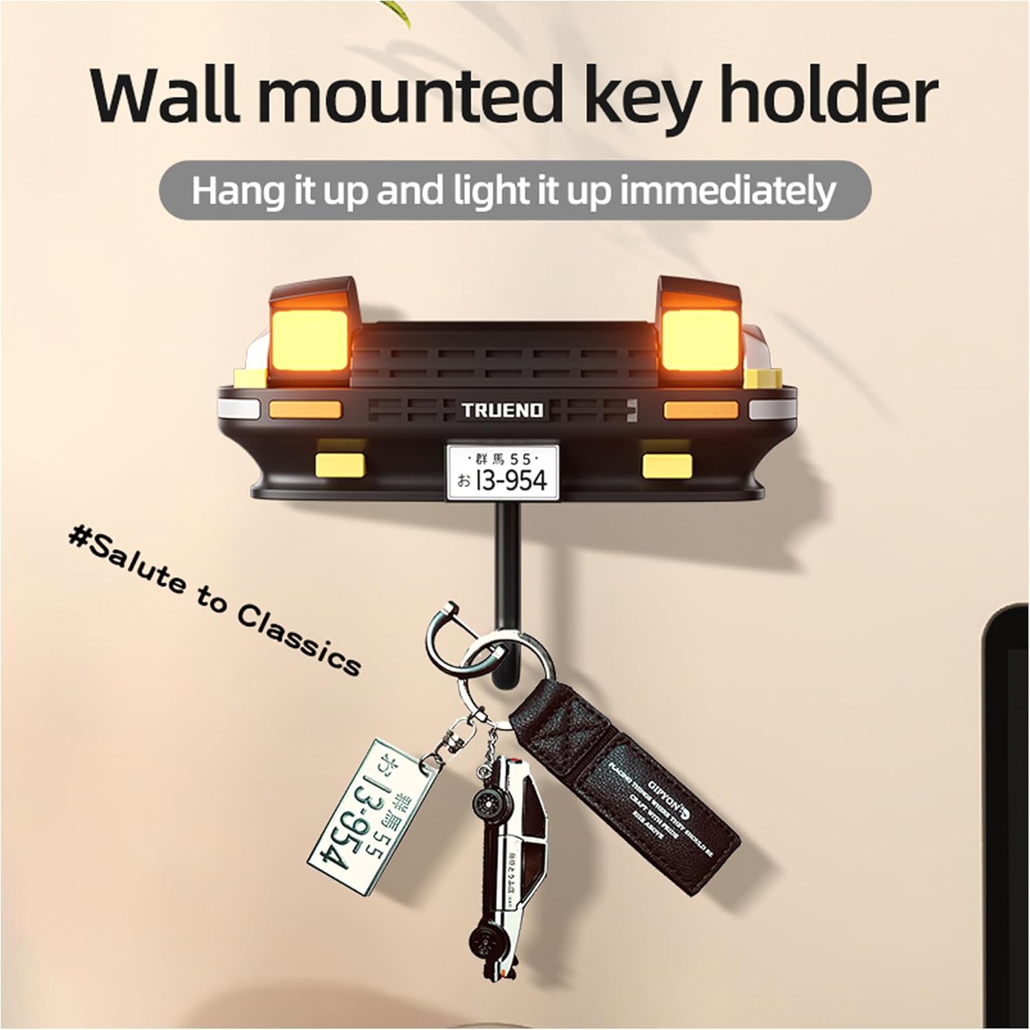 Initial D AE86 Retro Car Wall Key Holder - LED Pop-Up Headlight, Auto-Off Light