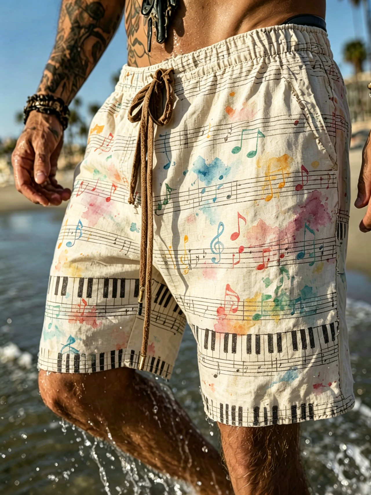 Men's Retro Piano Music Art Print Casual Shorts