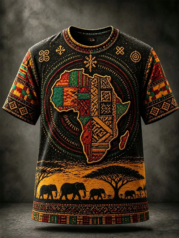 Men's African Map Elephant Tribal Geometric Ethnic Print T-Shirt