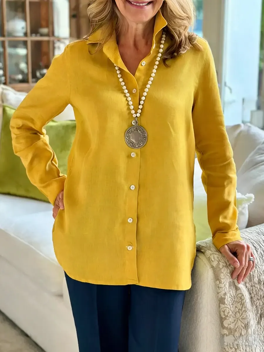 Women's Solid Color Lapel Long-sleeved Casual Loose Cotton Shirt