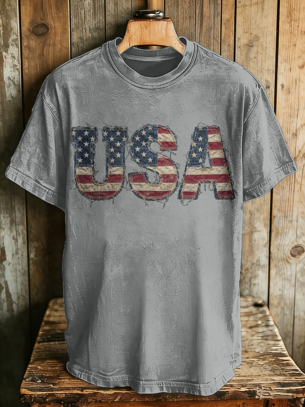 Men's USA Flag Vintage Frayed Letter Print Cotton Casual T-Shirt