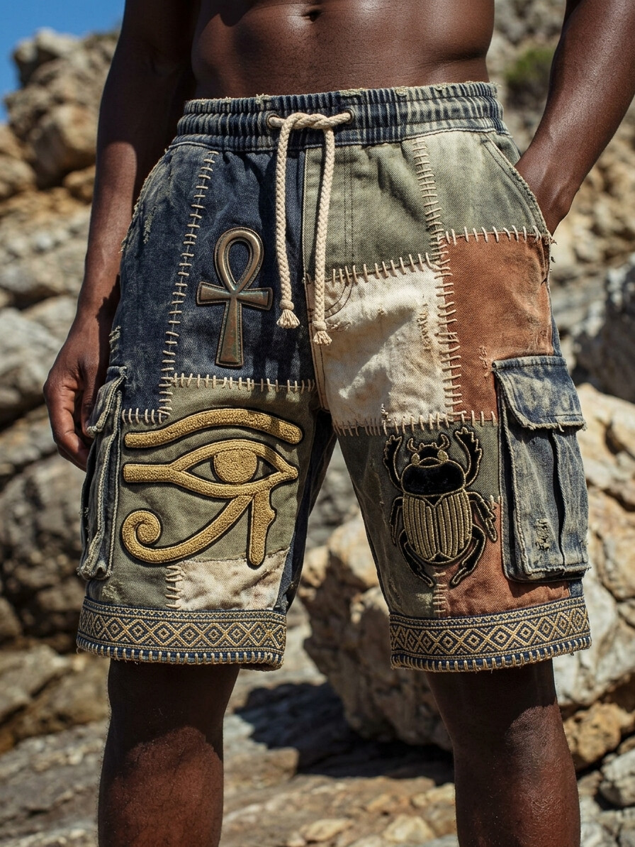 Men's Geometric Patchwork Ancient Egypt Mystical Art Print Drawstring Waist Casual Shorts