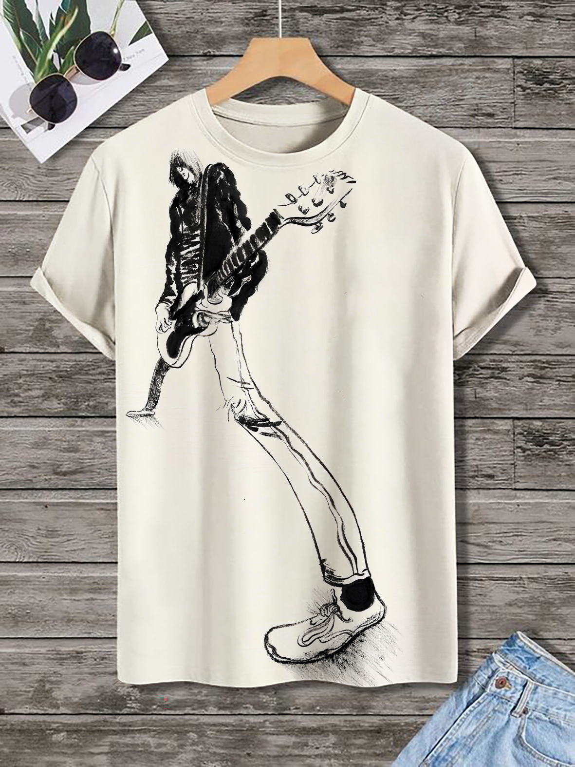 Men's Punk Rock and Roll Guitarist Print Casual T-Shirt