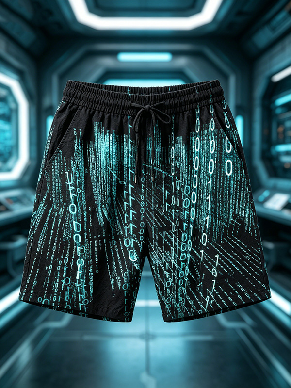 Men's Sci-Fi Art Cyberspace Code Print Casual Shorts