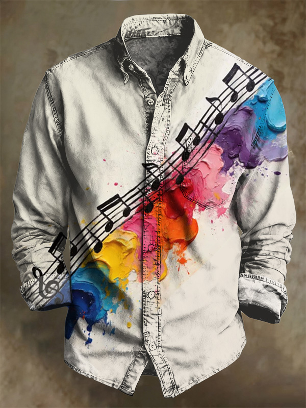 Men's Oil Painting Texture Musical Notes Print Long Sleeve Shirt