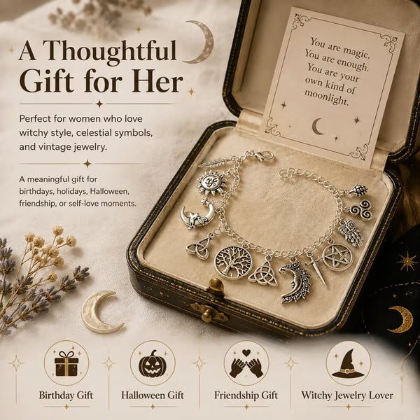 🌙 Vintage Witchy Charm Bracelet – Mystical Celestial Jewelry For Everyday Magic