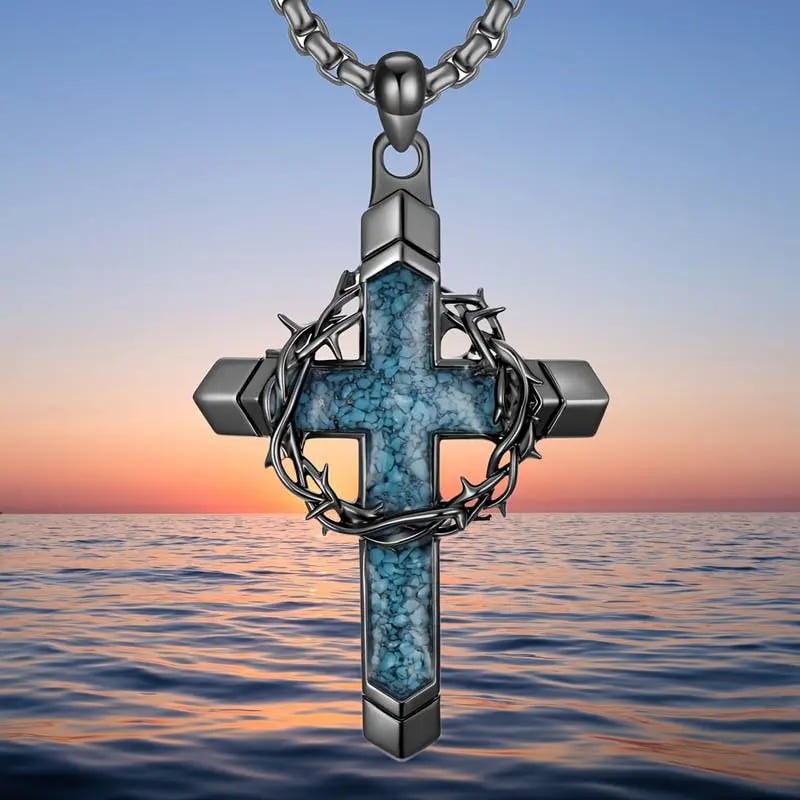 🔥Hot Sale 49% off🌟✝️ Wreath and Cross Turquoise Cross Pendant Necklace